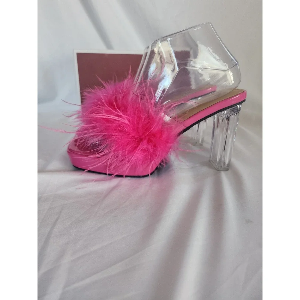 LIURUIJIA Pink Feather Platform Sandals Clear Block Heel Y2K Barbiecore Mules 39